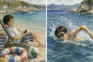 On a sunny beach, a boy relaxes under an umbrella with toys while another boy swims in the sparkling blue sea.