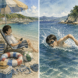 On a sunny beach, a boy relaxes under an umbrella with toys while another boy swims in the sparkling blue sea.