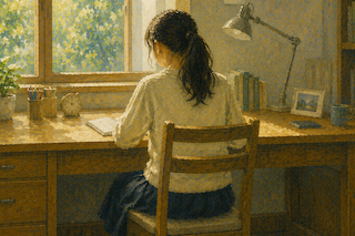 Woman with dark hair in a white blouse sits at a wooden desk by a sunlit window, writing in a notebook with a desk lamp nearby.