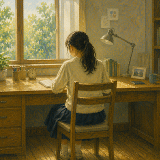 Woman with dark hair in a white blouse sits at a wooden desk by a sunlit window, writing in a notebook with a desk lamp nearby.