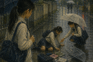 Three schoolgirls in uniform on a rainy street; one kneels to arrange study materials on the wet pavement while umbrellas shield them.