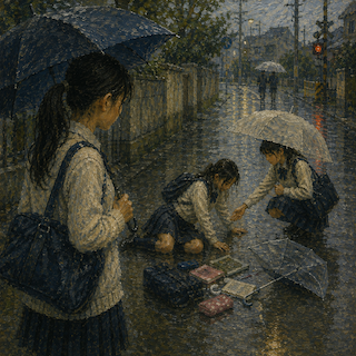 Three schoolgirls in uniform on a rainy street; one kneels to arrange study materials on the wet pavement while umbrellas shield them.