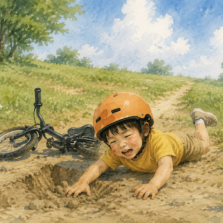 Child wearing an orange helmet crawls through a dirt ditch as a bicycle lies on its side nearby on a sunny day.