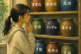 A girl studies a shelf of jars labeled with self-improvement traits in Japanese, including habit formation, persistence, success, learning, mental strength, concentration, talent, willpower, and happiness.