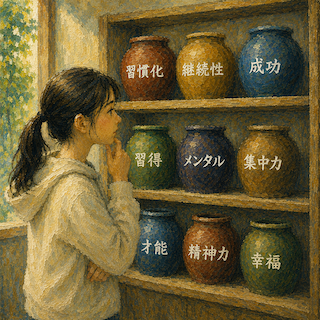 A girl studies a shelf of jars labeled with self-improvement traits in Japanese, including habit formation, persistence, success, learning, mental strength, concentration, talent, willpower, and happiness.