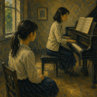 Two girls in a dim room: one sits at a piano playing while the other watches from a chair nearby.