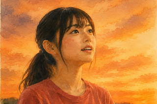 Young woman with a red shirt and ponytail gazing upward at an orange sunset sky.