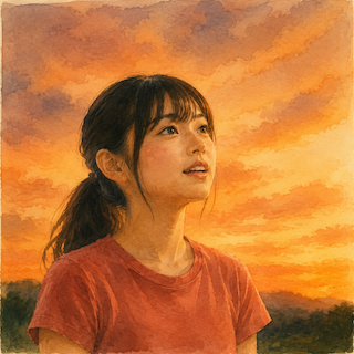 Young woman with a red shirt and ponytail gazing upward at an orange sunset sky.