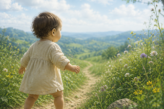 Young child walks along a dirt path through a sunny hillside meadow with wildflowers.