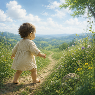 Young child walks along a dirt path through a sunny hillside meadow with wildflowers.
