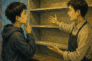 Two young boys stand at a wooden counter in a shop, one explaining to the other near empty shelves.