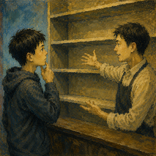 Two young boys stand at a wooden counter in a shop, one explaining to the other near empty shelves.