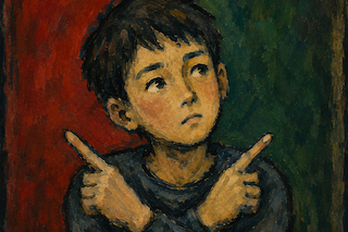 Portrait of a young boy with dark hair, looking pensive, arms crossed in front forming an X with his fingers, against a red and green background.