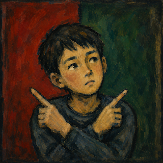 Portrait of a young boy with dark hair, looking pensive, arms crossed in front forming an X with his fingers, against a red and green background.