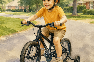 Boy in an orange shirt wearing a helmet rides a small black bike with training wheels on a suburban street.