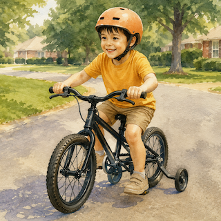 Boy in an orange shirt wearing a helmet rides a small black bike with training wheels on a suburban street.