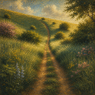 Pastoral landscape: a winding dirt path through a sunlit meadow with wildflowers, rolling hills, and trees under a bright sky.