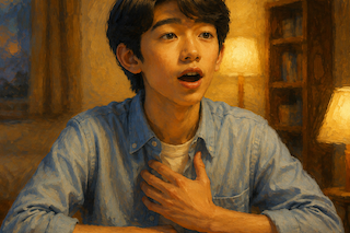 Young man seated at a wooden table indoors, hand on his chest with a surprised expression, smartphone in front.