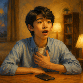 Young man seated at a wooden table indoors, hand on his chest with a surprised expression, smartphone in front.