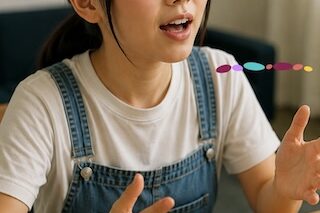 Young girl wearing a white T-shirt and denim overalls sits at a table, speaking with expressive hand gestures indoors.