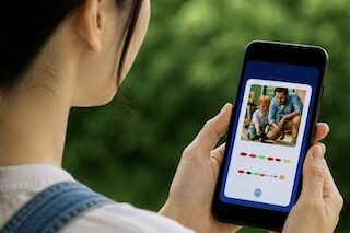 Person holding a smartphone outdoors, screen shows a photo of two people smiling together.