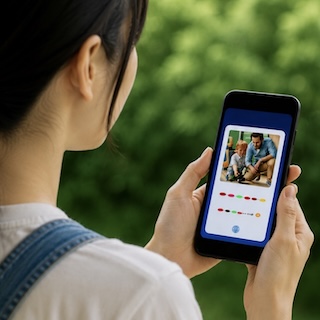 Person holding a smartphone outdoors, screen shows a photo of two people smiling together.