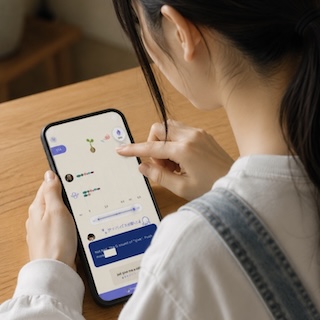 Person using a smartphone at a wooden table, tapping to view a chat conversation with blue message bubbles.