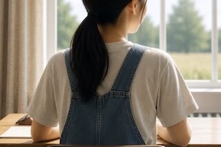 Back view of a person in a white shirt and denim overalls sitting at a desk by a sunlit window.