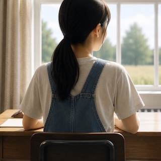 Back view of a person in a white shirt and denim overalls sitting at a desk by a sunlit window.