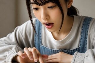 Girl wearing a light sweater and denim overalls taps a smartphone screen with a surprised expression on a wooden table.