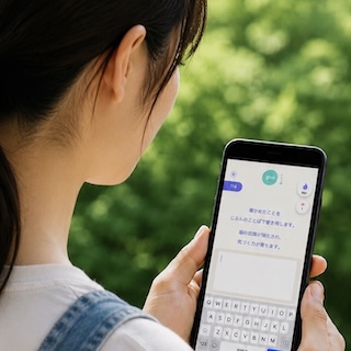 Woman seen from behind holding a smartphone with a messaging app open, typing outdoors in a park.