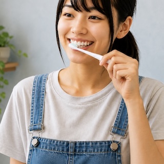 Young woman wearing a gray t-shirt and denim overalls brushing her teeth with a white toothbrush.